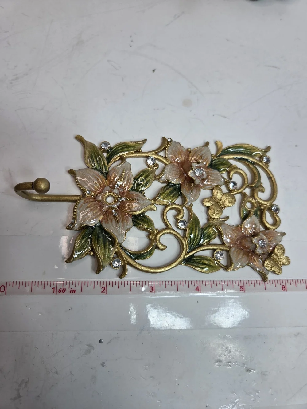 Floral Gold Wall Hook with Pink Blossoms Home decor Accent cottagecore metal